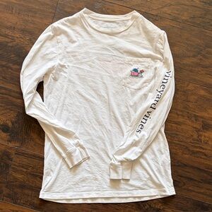 Vineyard Vines Kids Long Sleeve Pocket Tee - White with Navy Logo and Pink Whale